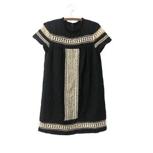 The Impeccable Pig Boho Black Cream Fringed Collar Cut Out Details Shift Dress S